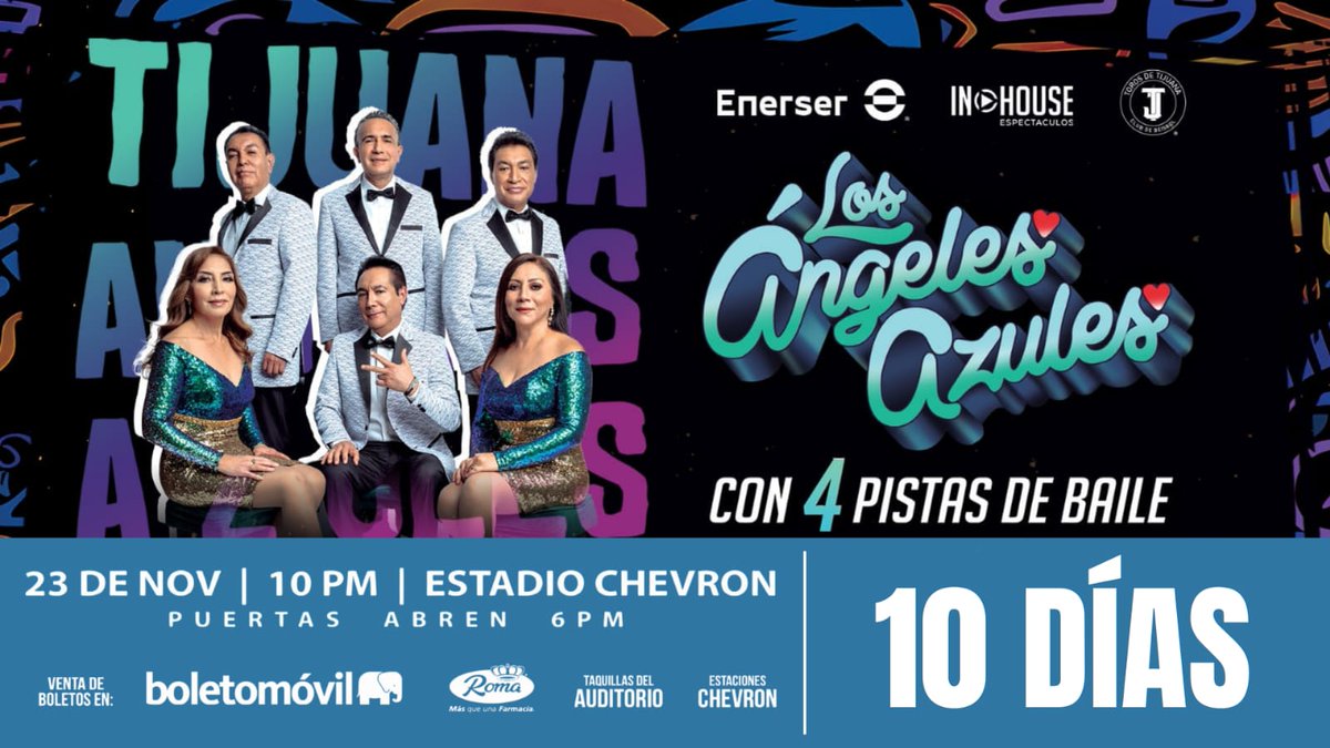 IHESPECTACULOS's tweet photo. La fecha está cerca... ¡Solo 10 días! 🕺🏻💃🏻

Venta de Boletos en Linea 
➡ https://t.co/frqD4ZbIaw 

Venta de Boletos Físicos 
➡ Farmacias Roma 
➡ Taquilla del Auditorio 
➡ Estaciones Chevron 

#AngelesAzules #Concierto #EntregaDeAmor #Mexico #Cumbia https://t.co/qNjDll24mB