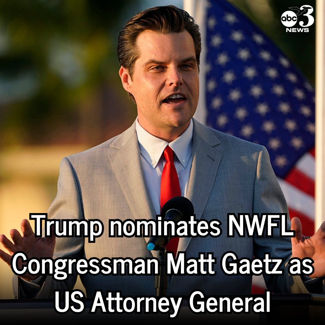 weartv's tweet photo. BREAKING: President-elect Trump nominates Northwest Florida Congressman Matt Gaetz to serve as U.S. Attorney General.

Trump says Gaetz “has distinguished himself in Congress through his focus on achieving desperately needed reform at" the DOJ.

Read more: https://t.co/6d9VQNO2hh https://t.co/KBvEvIIBFD