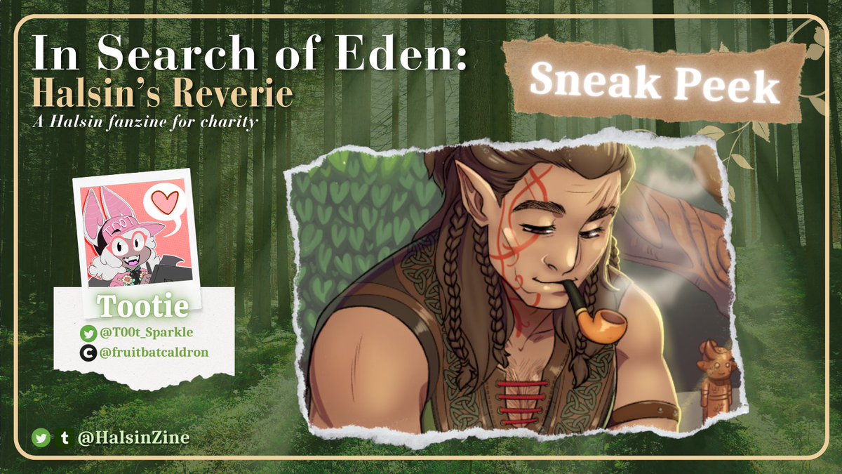 🌿 SNEAK PEEK 🌿

Here's another EXCLUSIVE sneak peek of one of the amazing works featured in the "In Search of Eden" Halsin fanzine from <a href="/T00t_Sparkle/">💖💜💙Kink Responsibly! 1312 🏳️‍⚧️🇵🇸</a>!

Pre-orders are open until the end of January from halsinzine.bigcartel.com, so grab yours now! 🐻💚

#BG3 #Halsin #HalsinZine
