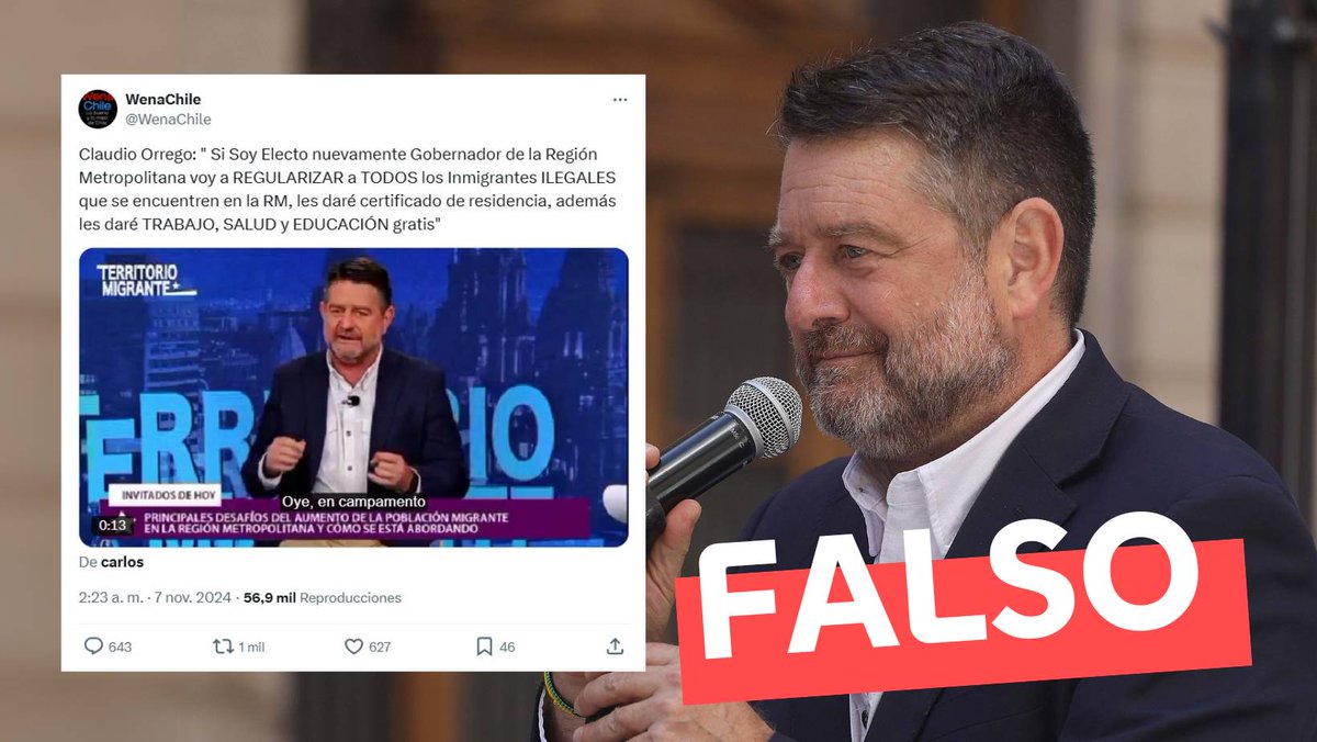 Se comparte en redes sociales un extracto de entrevista donde Claudio Orrego supuestamente propone regularizar a todos los inmigrantes ilegales de la Región Metropolitana. Esto es #Falso❌ nunca menciona que regularizará a todos los inmigrantes, sino que hace un llamado a