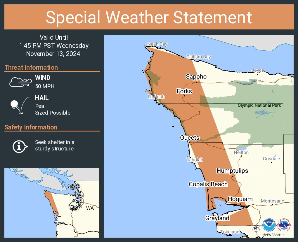 NWSSeattle's tweet photo. A special weather statement has been issued for Hoquiam WA, Ocean Shores WA and  Forks WA until 1:45 PM PST https://t.co/8f00gkm8ft