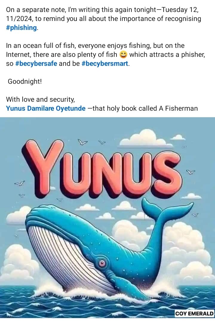 CoyEmerald1's tweet image. What I said last night on @facebook
"In an ocean full of fish, everyone enjoys fishing, but on the Internet, there are also plenty of fish 😄 which attracts a #phisher, so #becybersafe and be #becybersmart." 

I am @CoyEmerald1—that guy the holy book called a fisherman 😀