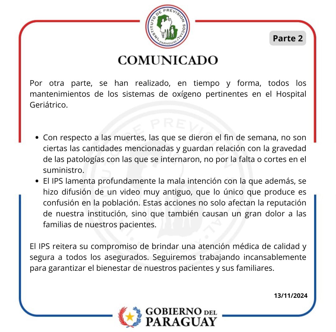 #COMUNICADO El IPS desmiente categóricamente las acusaciones infundadas sobre muertes en el Hospital Geriátrico a causa de falta de oxígeno.