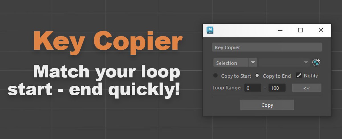 Nikos (@nikosstudios) on Twitter photo New Maya tool alert!
Key Copier - A fast way to match your start and end keys for looping animations. 
Grab it for free here: nikbartlett.gumroad.com/l/keycopier New Maya tool alert!
Key Copier - A fast way to match your start and end keys for looping animations. 
Grab it for free here: nikbartlett.gumroad.com/l/keycopier