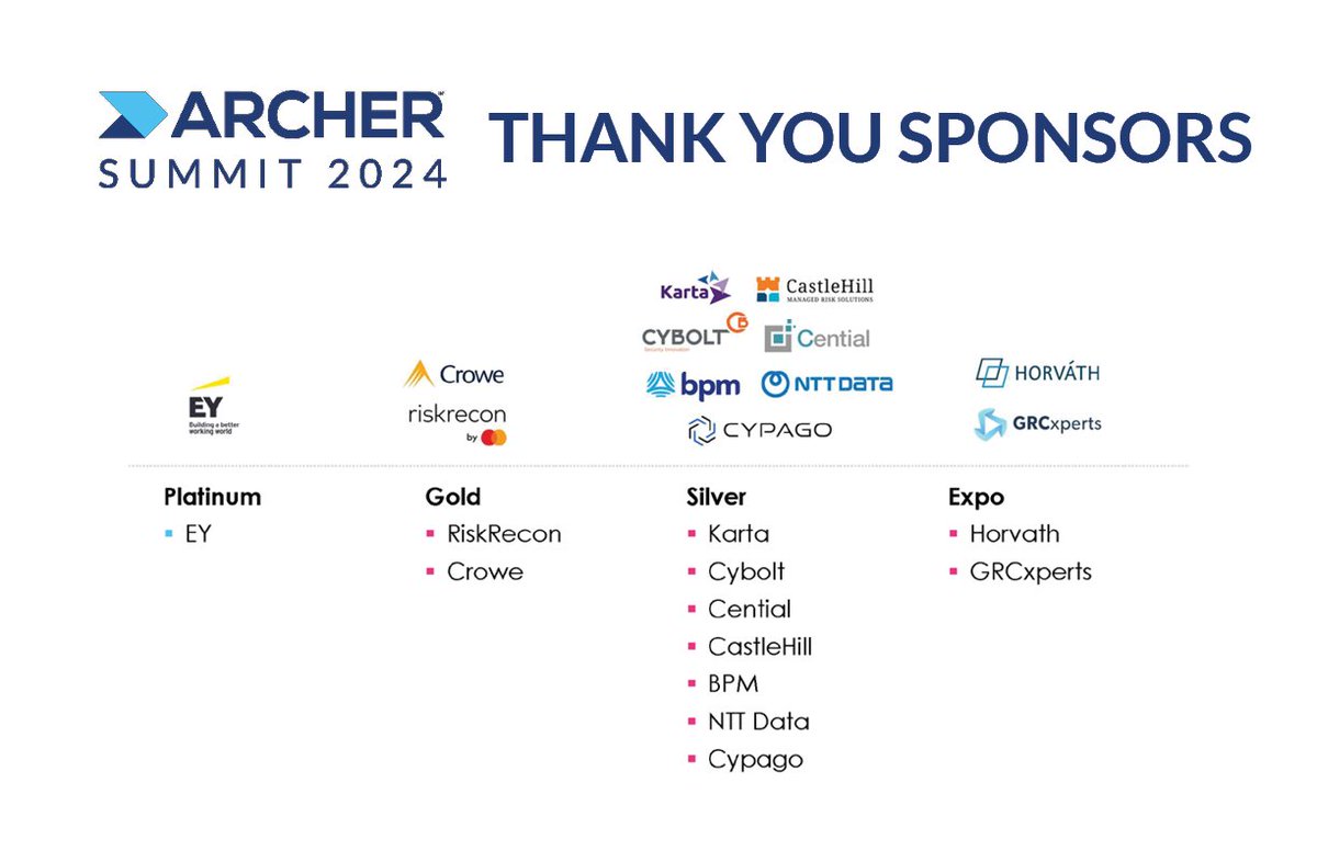 As #ArcherSummit2024 wraps up, we want to extend a heartfelt thank you to our amazing sponsors for helping make this event unforgettable! 

#Risk #RiskManagement #GRC #IRM