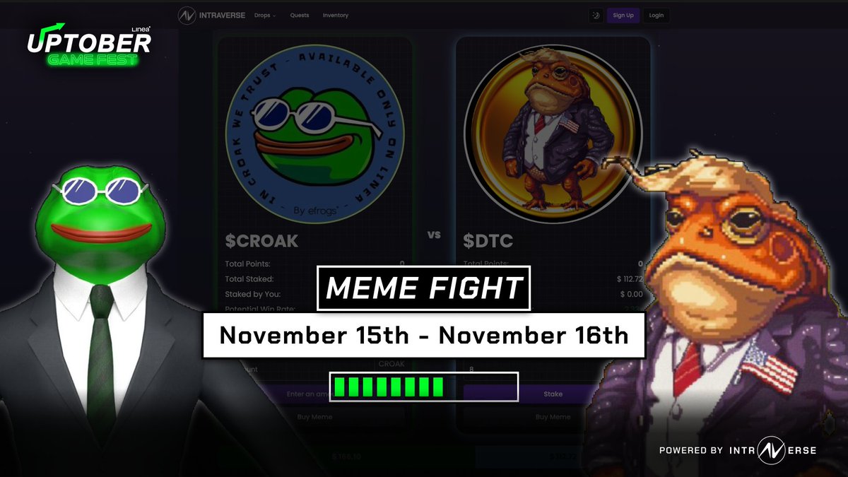 Linea.eth (@lineabuild) on Twitter photo Join us to discover everything about Meme Fight on <a href="/intraVerse_Game/">Intraverse</a>
MEME FIGHT PAYBACK BOUNTY!
📅 Friday, Nov 15th
⏰ 10am (EST)
Streaming on X & YouTube
Pick your favorite meme pool, stack up rewards, and stay tuned to discover the winner!
#UptoberGameFest
First match: Join us to discover everything about Meme Fight on <a href="/intraVerse_Game/">Intraverse</a>
MEME FIGHT PAYBACK BOUNTY!
📅 Friday, Nov 15th
⏰ 10am (EST)
Streaming on X & YouTube
Pick your favorite meme pool, stack up rewards, and stay tuned to discover the winner!
#UptoberGameFest
First match: