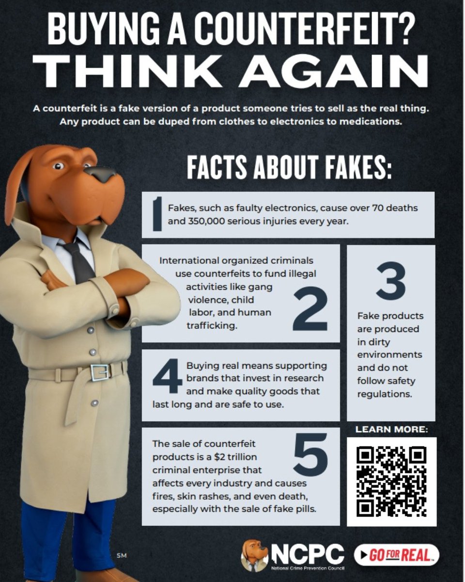 McGruffatNCPC's tweet image. ⚠ Important PSA ⚠: Counterfeits are NOT tested for safety and can cause real harm. Fake electronics alone cause 350,000+ injuries each year. 
Join me in the fight against fakes by going to McGruffPSA.org. 
#ThinkAgain #GoForReal