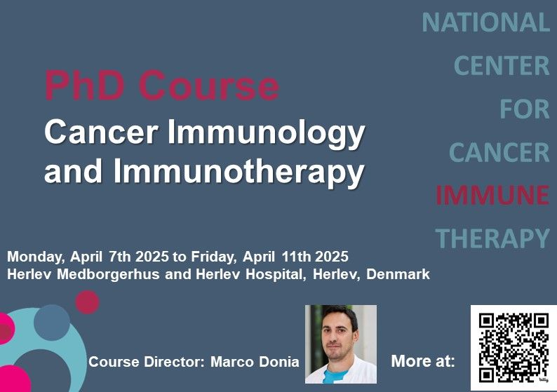📣 PhD course "Cancer Immunology and Immunotherapy", 4th edition
📃 Course Description and registration 👉bit.ly/40vh1YI
▶WHEN: 07-11/04/2025 (mon-fri)
▶WHERE: Copenhagen Area, Denmark
📩 Full program available soon! Previous edition at bit.ly/3CoqXcB