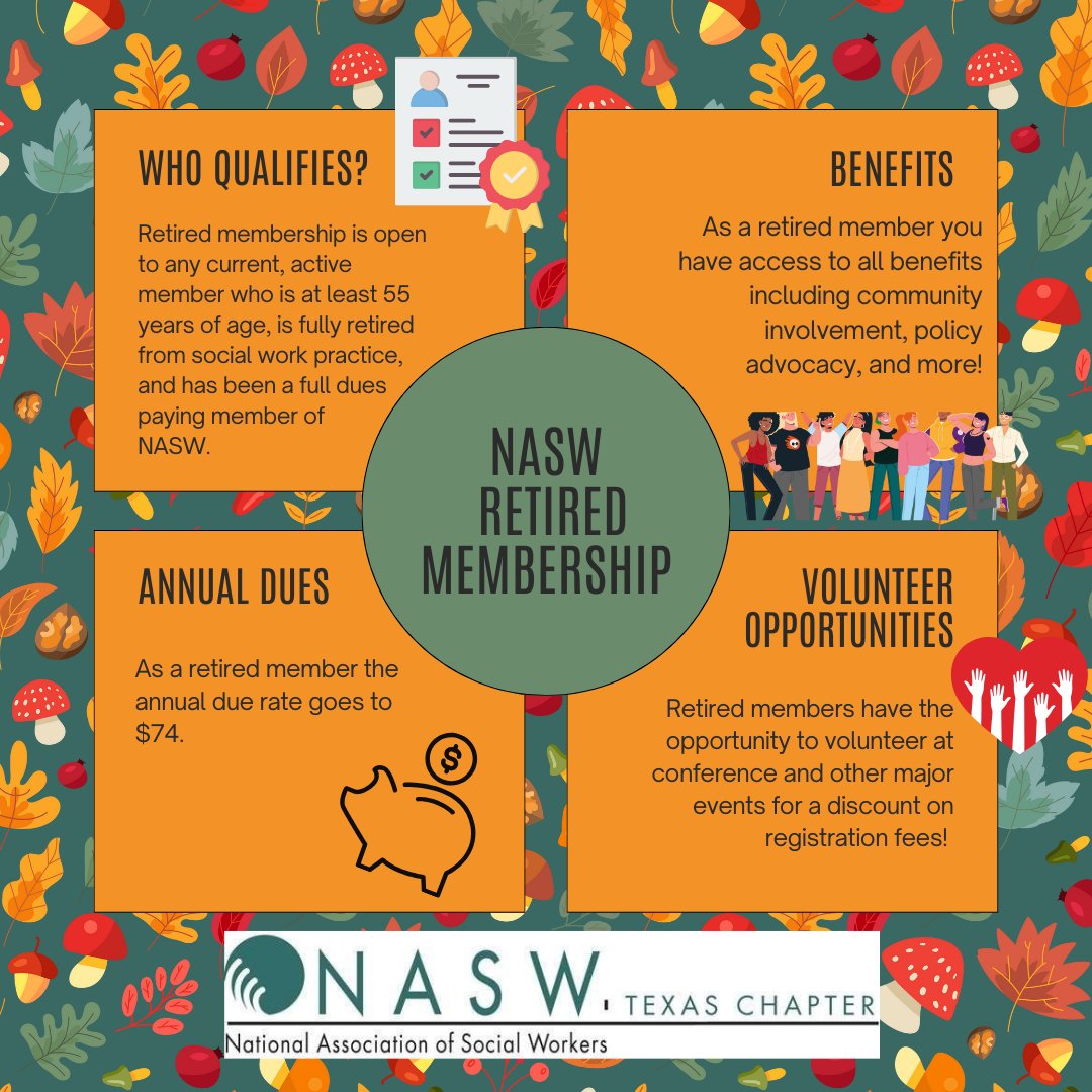 Retiring soon? Consider staying connected with an #NASW retired membership! Stay informed, engage in events, and enjoy conference discounts. Discover all that NASW has to offer—fall into social work this November! socialworkers.org/Membership