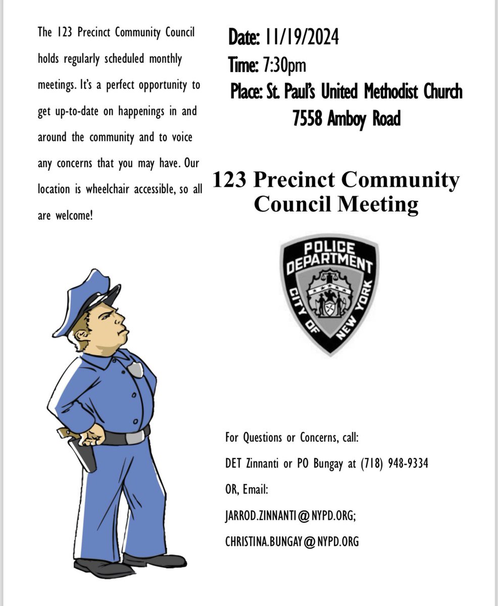 123Council's tweet photo. 🚨 Please note the TIME and DATE change 🚨

The @NYPD123Pct Community Council meeting will take place on Tuesday November 19th at 7:30PM. This will be our last meeting of 2024. https://t.co/j7O6K6uSut