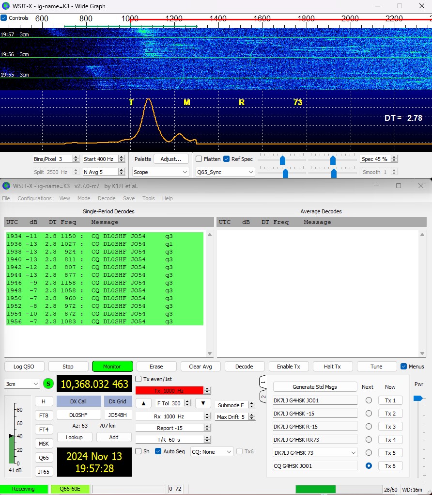 I only have the QO-100 feed mounted on my dish atm. 10GHz EME condx are looking good so I tried decoding the DL0SHF/B. Results not too shabby given manual tracking both AZ/EL &amp; Doppler shift.
Setup: 1.2m OS dish, MCTV-670 LNB → Pluto SDR → SDRConsole → VAC → WSJT-X
#GHz_Bands