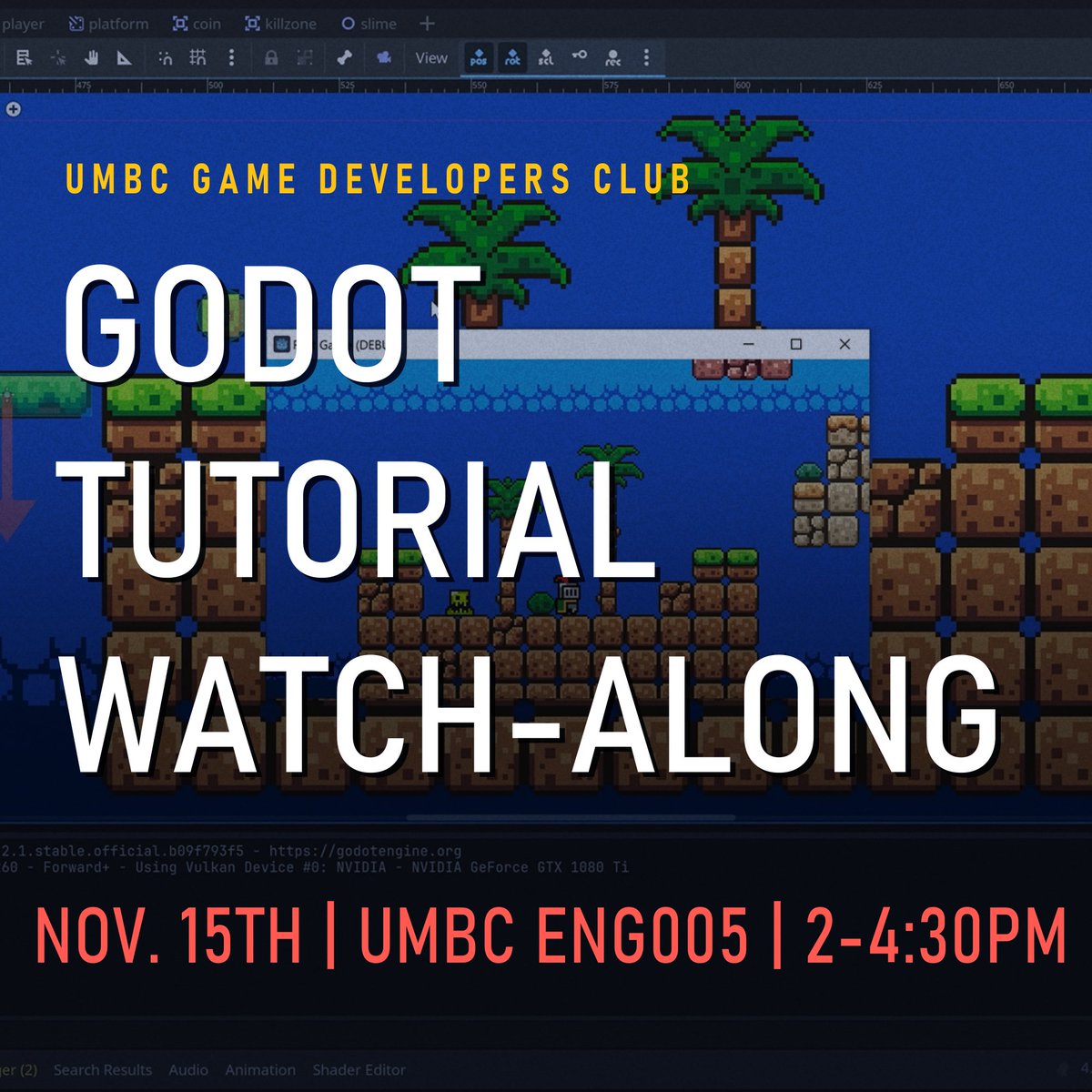 This Friday we will be doing a group watch-along of the Brackeys Godot tutorial. This video is beginner friendly, so if you've never used a game engine before, now's your chance to try it out with in-person feedback!
#umbc #umbcgamedev
