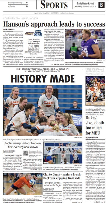 VTCody's tweet photo. Daily News-Record Sports (11/14/24):
-Clarke wins first-ever Region 2B title
-Lynch, Backover crucial for Eagles
-#JMU MBB crushes Mary Baldwin
-#SBC Notebook
-Hanson is big-time piece for #JMU
-BC volleyball wins #ODAC QF
-BC MBB suffers first loss of season https://t.co/0lRv3In068
