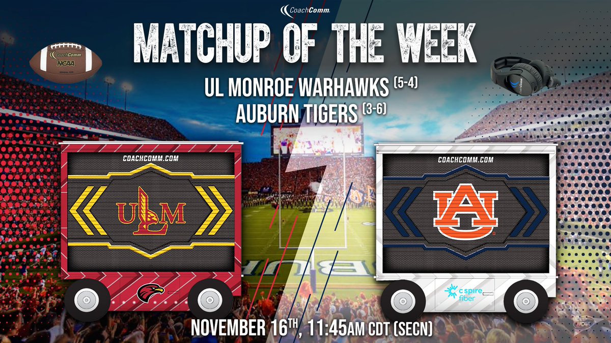 CoachComm's tweet image. 🏈 MATCHUPS OF THE WEEK 🏈
All season we show games between our #XCart customers.
@AuburnEquip hosts @ULM_FB in Jordan-Hare Stadium, and @CoastalFB_EQ travels to Huntington to face @HerdEquipment. @SamfordEquip and @GoMocsEquip play in Finley Stadium.
#ForOurCustomers