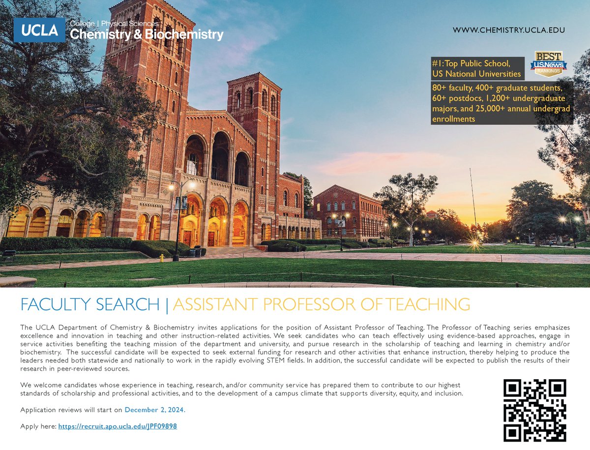 UCLA Chem & Biochem (@uclachem) on Twitter photo We invite applications for the position of Assistant Professor of Teaching. The Professor of Teaching series emphasizes excellence and innovation in teaching and other instruction-related activities. Apply here by 12/2/24: recruit.apo.ucla.edu/JPF09898
<a href="/Chemjobber/">Chemjobber</a> We invite applications for the position of Assistant Professor of Teaching. The Professor of Teaching series emphasizes excellence and innovation in teaching and other instruction-related activities. Apply here by 12/2/24: recruit.apo.ucla.edu/JPF09898
<a href="/Chemjobber/">Chemjobber</a>