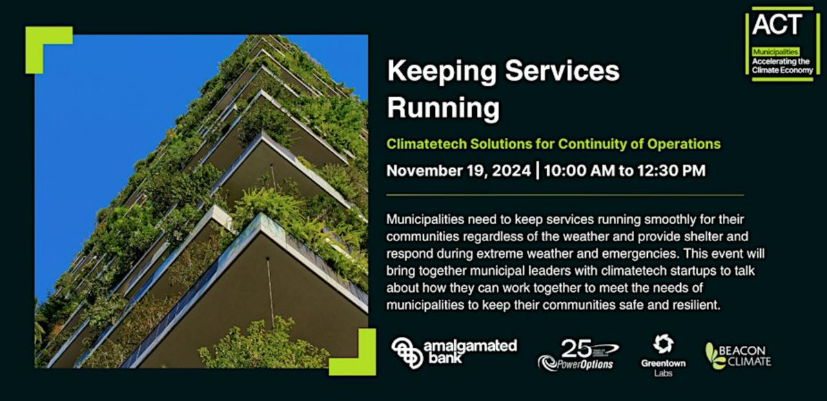 ACT | The Alliance for Climate Transition (@join_act) on Twitter photo 🌆 How Do You Protect Your City? 🌆
Recent crises show the need for resilient solutions. Join us Nov 19 to explore climate tech to help communities prepare. 🌍💡 Partners: <a href="/AmalgamatedBank/">Amalgamated Bank</a>, <a href="/PowerOptions/">PowerOptions</a>, <a href="/GreentownLabs/">Greentown Labs</a>, <a href="/BeaconClimate/">Rohit Nayak</a>. 🌱💪
➡️ Register: shorturl.at/HCfZy 🌆 How Do You Protect Your City? 🌆
Recent crises show the need for resilient solutions. Join us Nov 19 to explore climate tech to help communities prepare. 🌍💡 Partners: <a href="/AmalgamatedBank/">Amalgamated Bank</a>, <a href="/PowerOptions/">PowerOptions</a>, <a href="/GreentownLabs/">Greentown Labs</a>, <a href="/BeaconClimate/">Rohit Nayak</a>. 🌱💪
➡️ Register: shorturl.at/HCfZy