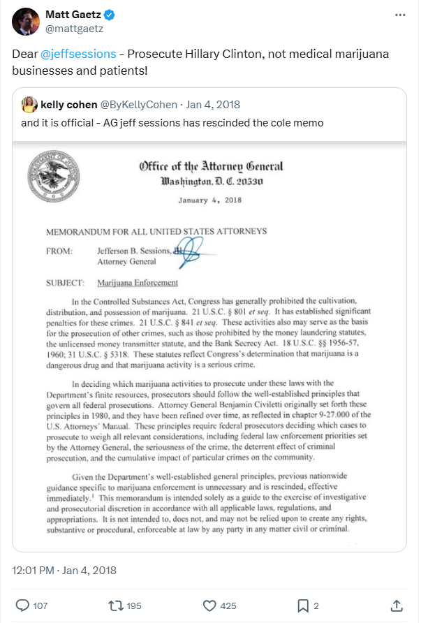 This is Donald Trump's next nominee for Attorney General, Matt Gaetz, calling on then-AG Jeff Sessions to prosecute Hillary Clinton.