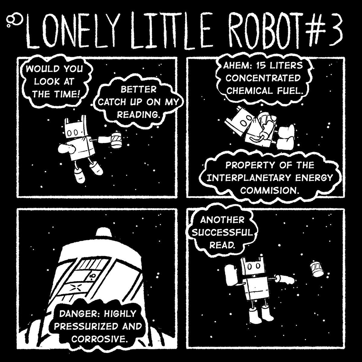 Lonely Little Robot 3: Alalgar does some reading.