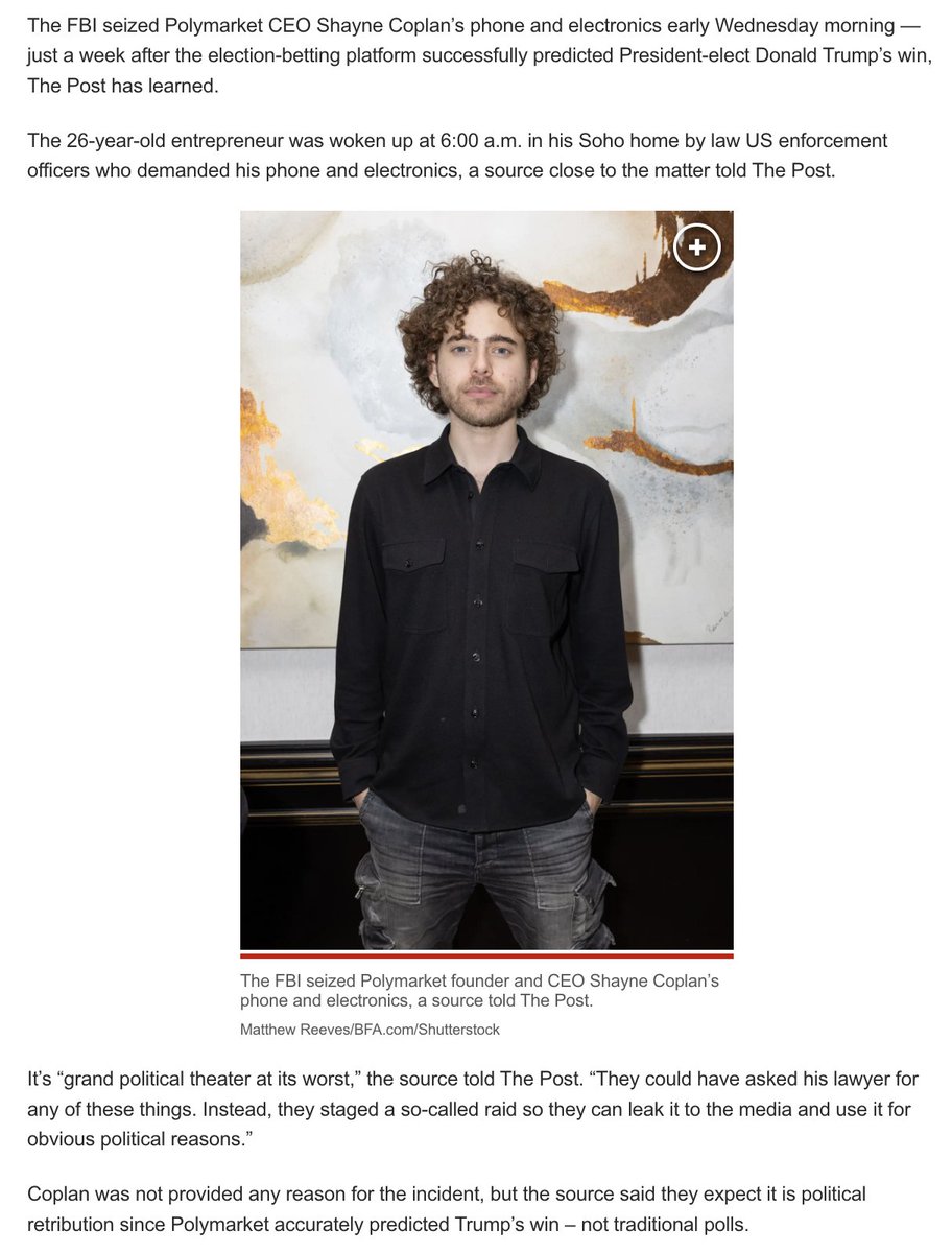 Being reported that the FBI raided Polymarket founders home this morning &  seized his phone and electronics. They gave him no reason. Polymarket  predicted Trump would win. This looks like political retribution