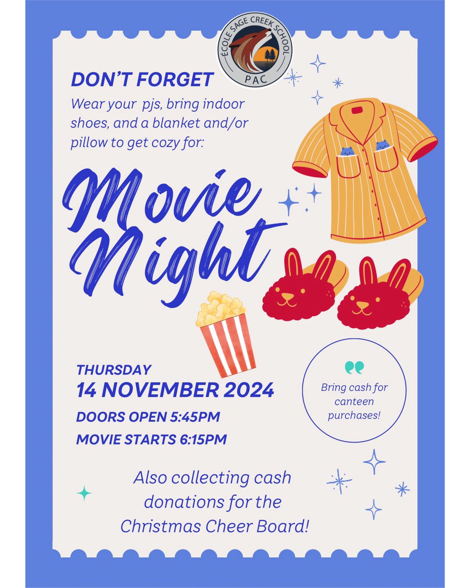 SageCreek School PAC (@sagecreekpac) on Twitter photo 🎟️ If you reserved tickets for Movie Night, here are some reminders:
•bring indoor shoes to change into! 👟 👟
•dress comfy - pjs encouraged 🤗
•bring a blanket and/or pillow to get cozy for the movie 🎥
•bring cash for canteen purchases 🍿
<a href="/SageCreekLRSD/">SageCreekLRSD</a> #SageCreekLRSD 🎟️ If you reserved tickets for Movie Night, here are some reminders:
•bring indoor shoes to change into! 👟 👟
•dress comfy - pjs encouraged 🤗
•bring a blanket and/or pillow to get cozy for the movie 🎥
•bring cash for canteen purchases 🍿
<a href="/SageCreekLRSD/">SageCreekLRSD</a> #SageCreekLRSD