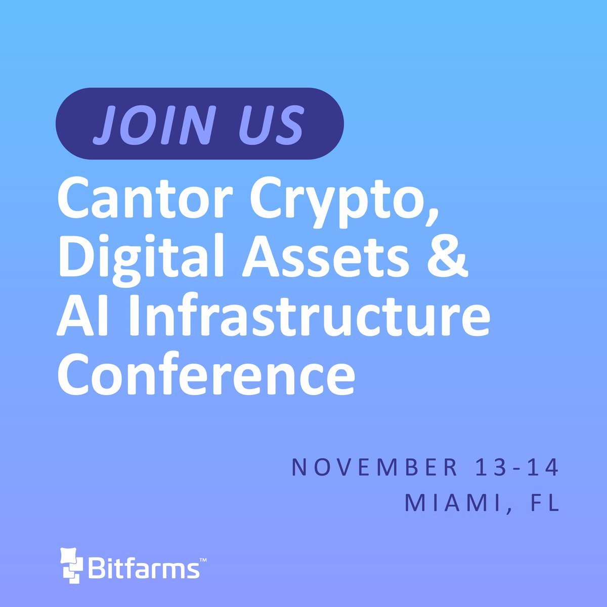 Bitfarms_io's tweet image. Join Bitfarms at Cantor Fitzgerald’s Crypto, Digital Assets, and AI Infrastructure Conference in Miami! CFO Jeff Lucas will be featured on a “Finding Power” Panel, discussing the surging demand for power &amp;amp; Bitfarms’ expanding MW portfolio. #Bitcoin #HPCAI $BITF #CantorCrypto