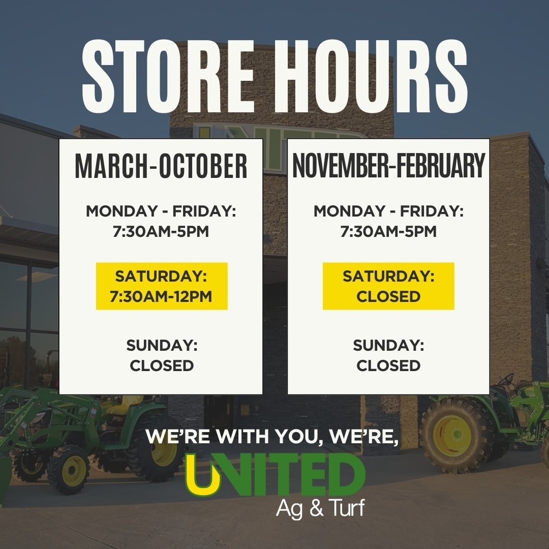 UnitedAgAndTurf's tweet photo. All locations have transitioned to our winter hours. Starting in November and through end of February we will be CLOSED on Saturdays. 
To continue to better serve you during the spring and summer we will be open Saturdays beginning in March and through the end of October. Whil... https://t.co/LfFYAb2d1a