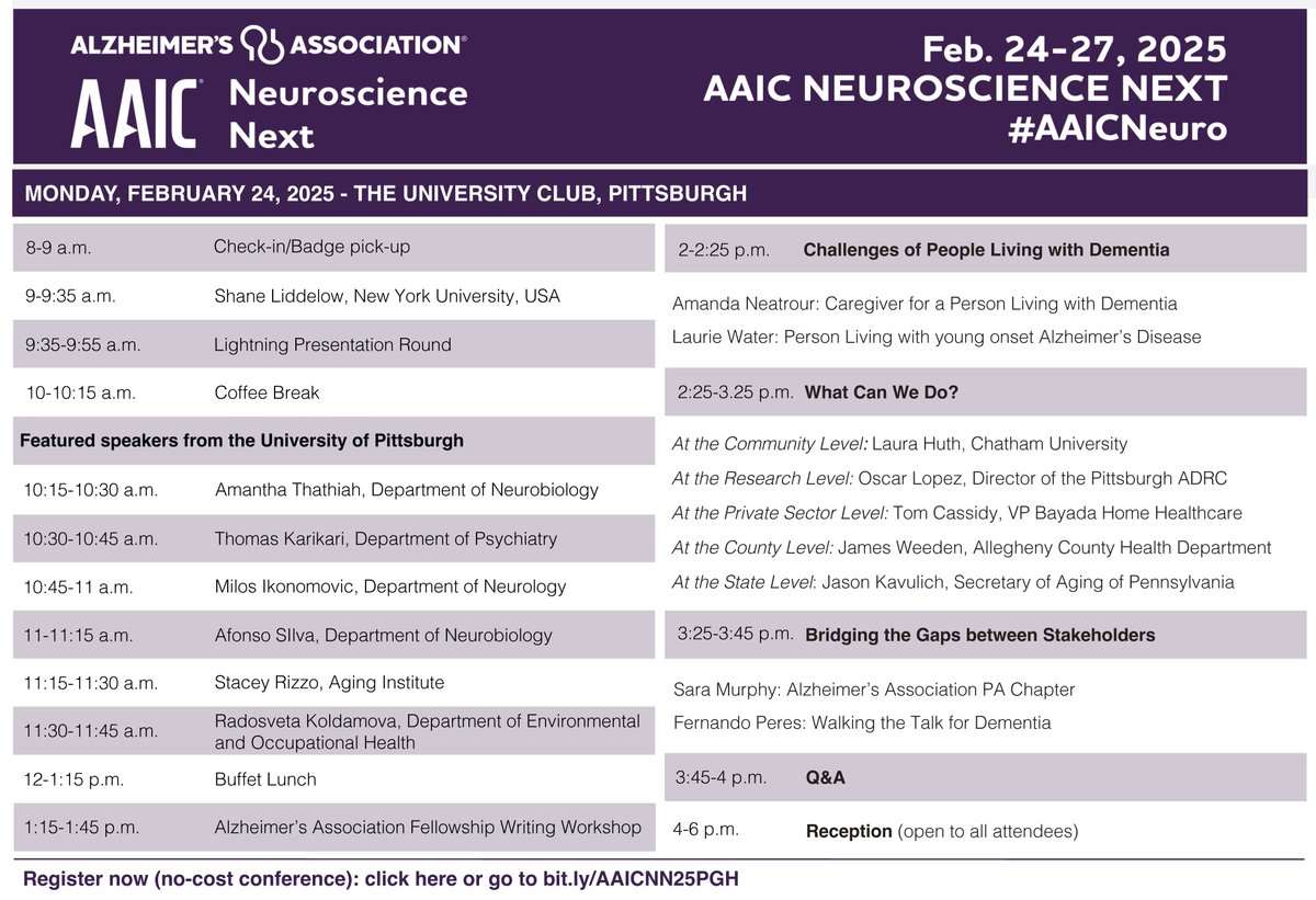 We are pleased to announce the program for the University of Pittsburgh Hub of AAIC Neuroscience Next 2025, organized by our lab. Mark your calendars for Monday, February 24, 2025, and register now (bit.ly/AAICNN25PGH) to join us in Pittsburgh!

This conference intends to