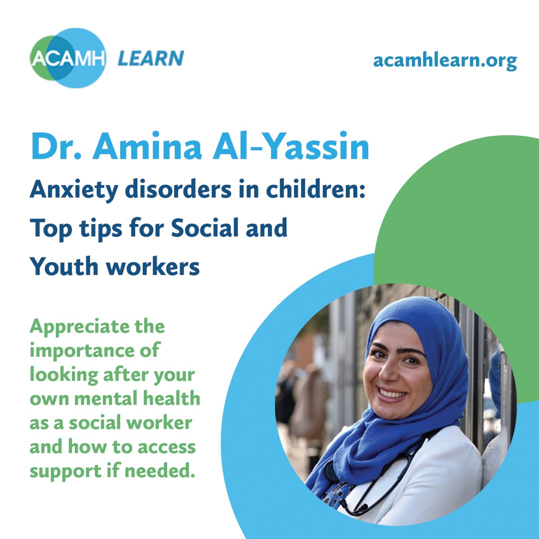 TheCAMH's tweet image. In this @ACAMHLearn Explainer, @DrAminaAY explores the different ways of speaking to and helping a child with #Anxiety as a social and youth worker, including the importance of relaxation techniques, gradual exposure and growth mindset. bit.ly/4hB149z

#SocialWork #CAMH