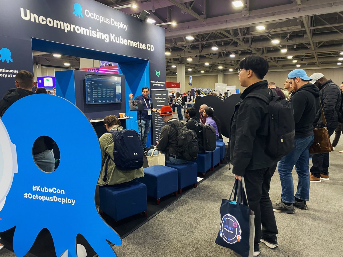 OctopusDeploy's tweet image. The one, the only: @NickJosevski. Rocking the live demo of #OctopusDeploy.
LIVE DEMOS EVERY 30 MINUTES at #KubeCon! Yes, you read that correctly. Your eyes are working perfectly fine.