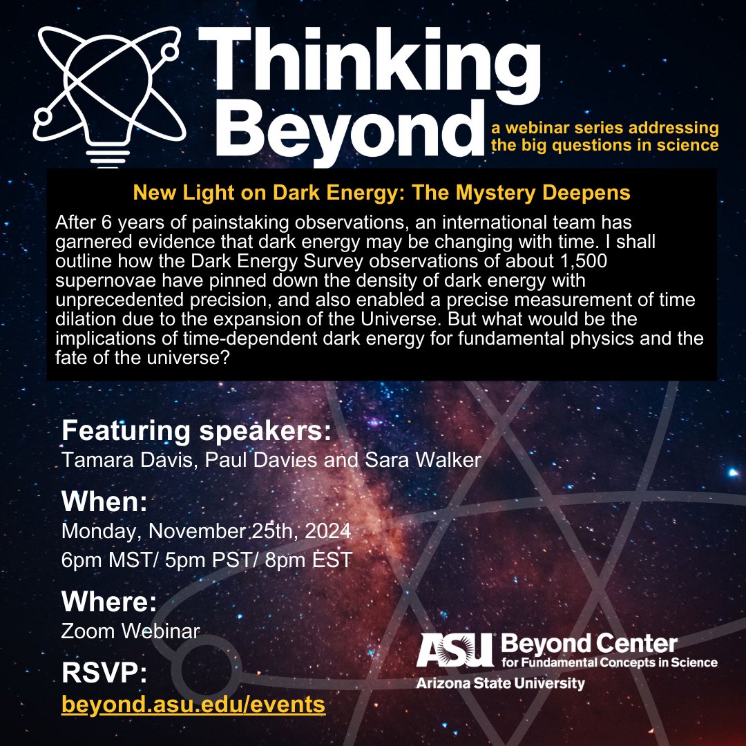 Beyond Center (@beyond_asu) on Twitter photo Thinking Beyond with <a href="/tamarastro/">Tamara Davis</a> will be on "New Light on Dark Energy: The Mystery Deepens" on November 25th at 6pm MST/5 PST/8pm EST. Register at links.asu.edu/ThinkingBeyond Thinking Beyond with <a href="/tamarastro/">Tamara Davis</a> will be on "New Light on Dark Energy: The Mystery Deepens" on November 25th at 6pm MST/5 PST/8pm EST. Register at links.asu.edu/ThinkingBeyond