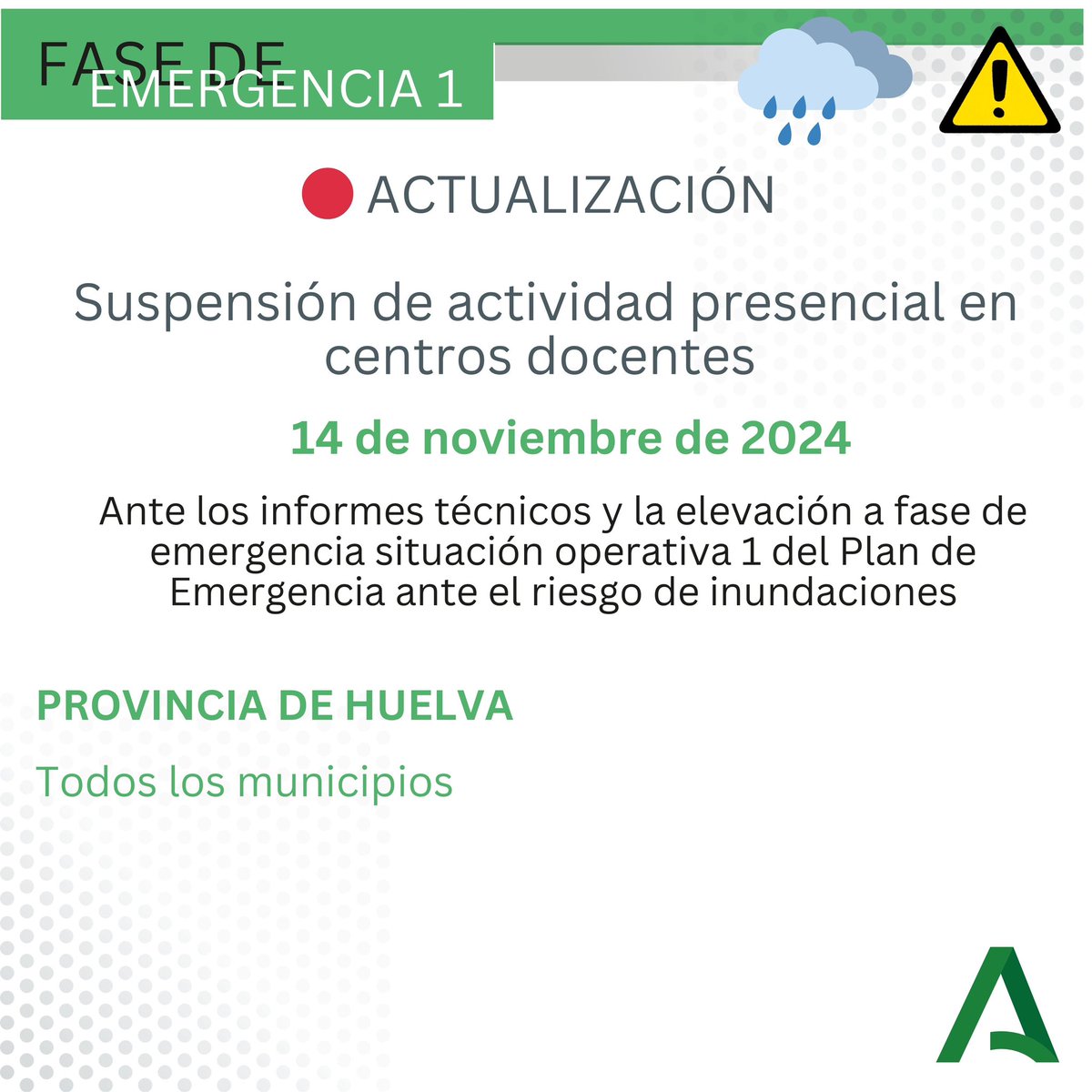 <a href="/AndaluciaJunta/">Junta de Andalucía</a> <a href="/MC_CastilloMena/">Mª Carmen Castillo Mena</a> <a href="/JuntaSevilla/">Junta Sevilla</a> 🔴 Queda suspendida la actividad presencial en todos los centros educativos de la provincia de #Huelva para mañana, 14 de noviembre.