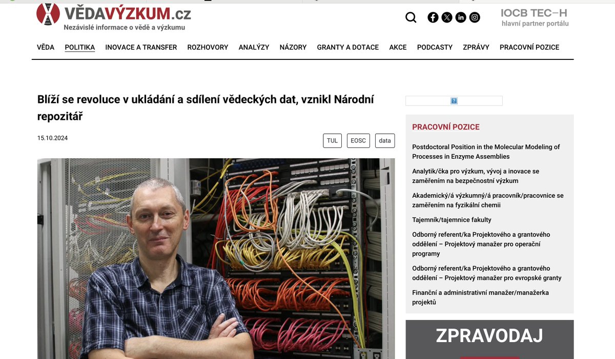 Revoluce v ukládání vědeckých dat v Česku! Byl spuštěn Národní repozitář, platforma pro ukládání, správu a sdílení vědeckých dat. Tento krok umožní  vědcům efektivněji sdílet a využívat data k urychlení výzkumu a snížení nákladů. Více na <a href="/vedavyzkum_cz/">VědaVýzkum.cz</a>
vedavyzkum.cz/politika/polit…