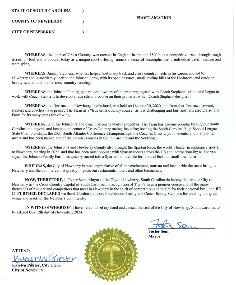 fostersenn's tweet photo. With 10,000 expected for ⁦@SpartanRace⁩ this w/e, state championships next week for ⁦⁦@SCHSL⁩ &amp; many other cross country races at The Farm,we named Newberry the “Cross Country Capital of South Carolina” at City Council Tuesday.  @MSCarolinas_⁩ https://t.co/jdUEwZmBQB