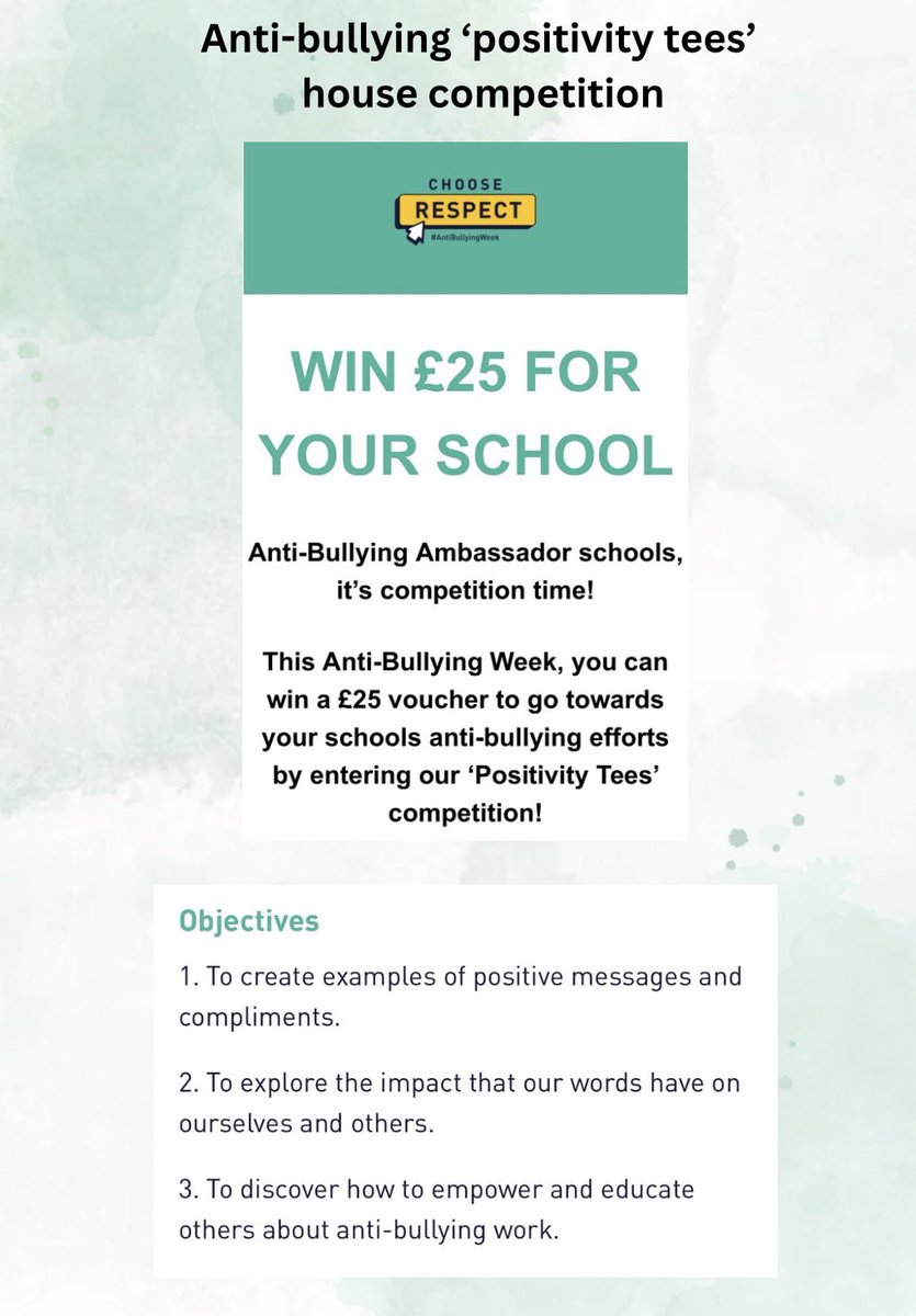 TASEHOUSE's tweet photo. Collect a sheet from the cafeteria tomorrow break or lunch time to enter our anti-bullying ‘positivity tees’ competition.

Our anti-bullying ambassadors will select the top 3 entries and submit them in the national competition.

Which houses will have the top 3 entries?🟢🟡🔵🔴 https://t.co/yddh90QcP5