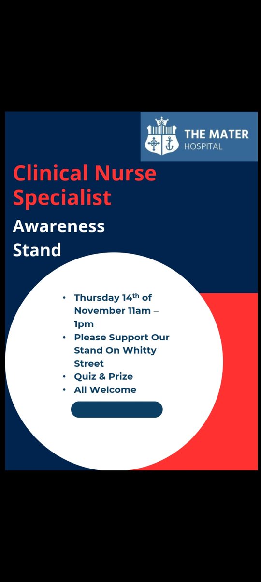 Mater CNS (@matercns) on Twitter photo Come and join us at our Clinical Nurse Specialist awareness stand tomorrow on whitty Street in MMUH from 11am to 1pm. <a href="/MaterNursing/">Mater Nursing Team</a> Come and join us at our Clinical Nurse Specialist awareness stand tomorrow on whitty Street in MMUH from 11am to 1pm. <a href="/MaterNursing/">Mater Nursing Team</a>