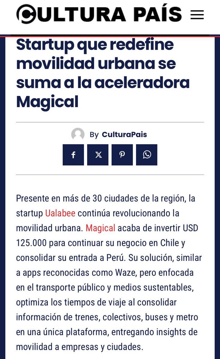 Presente en más de 30 ciudades de la región, la startup Ualabee continúa revolucionando la movilidad urbana. Magical acaba de invertir USD 125.000 para continuar su negocio en Chile y consolidar su entrada a Perú… los detalles en: culturapais.com/2024/11/08/sta…