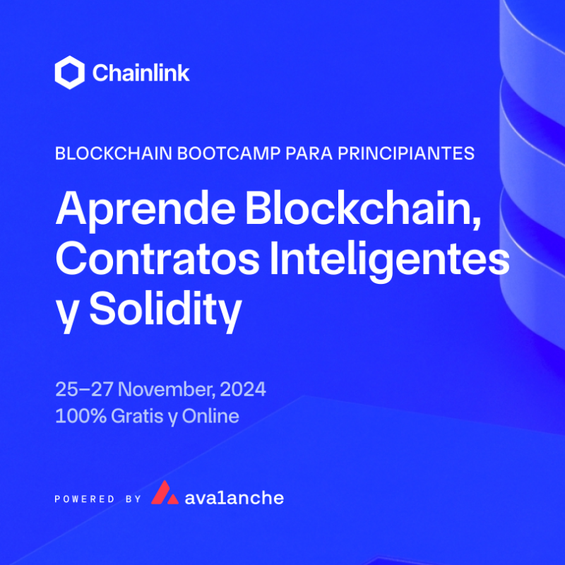 chainlink's tweet photo. El Blockchain Bootcamp para Principiantes ya está aquí.

🖥️ Aprenda los conceptos básicos de blockchain, contratos inteligentes, y Solidity
⚙️ Soporte en vivo de devs expertos
📅 25-27 de noviembre (2 hrs/día)

100% gratis y online👇