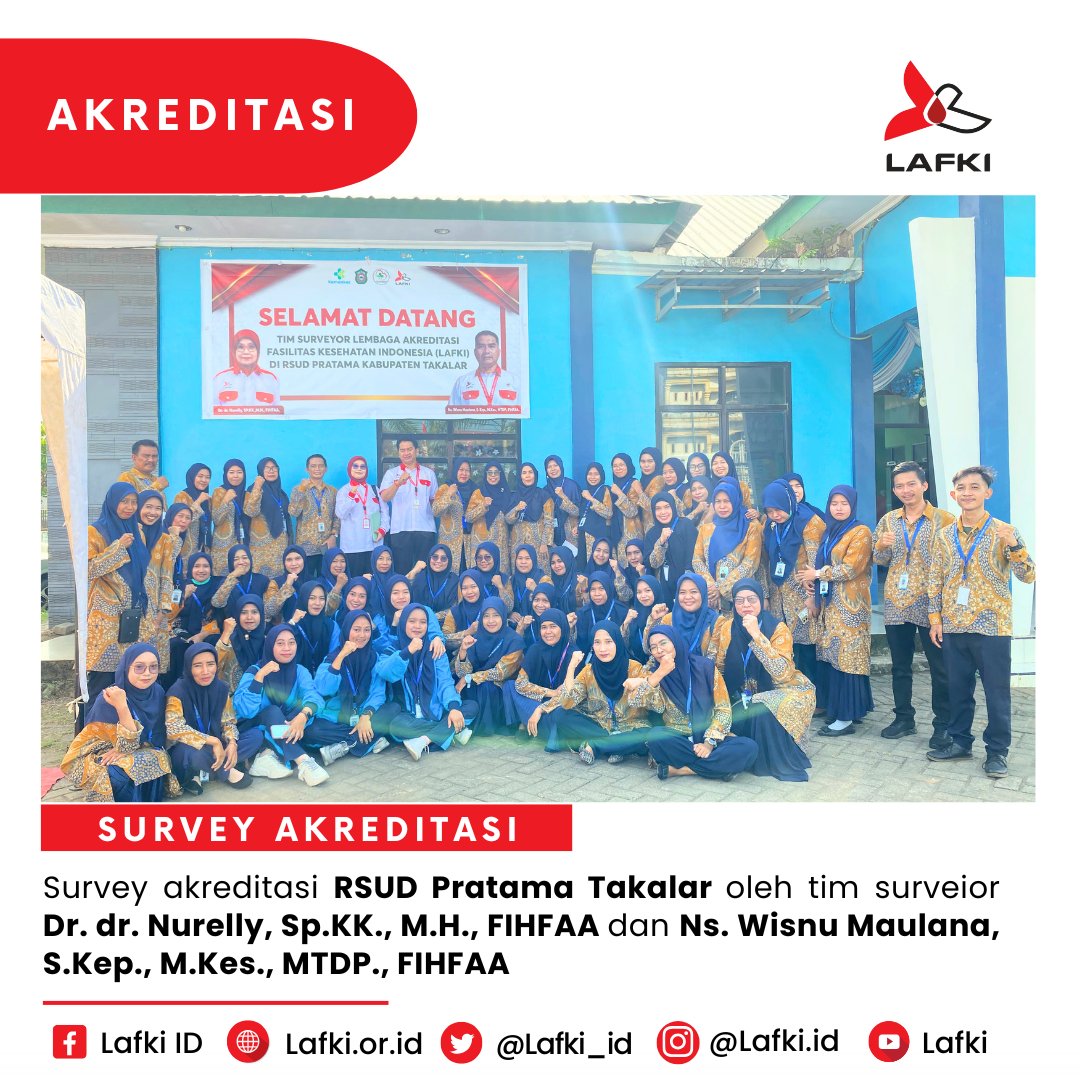 Lafki_ID's tweet photo. Telah dilaksanakan kegiatan survey akreditasi Rumah Sakit Umum Daerah Pratama Takalar pada tanggal 6 &amp; 7 November 2024 oleh tim Surveior LAFKI yakni:

1. Dr. dr. Nurelly, Sp.KK., M.H., FIHFAA
2. Ns. Wisnu Maulana, S.Kep., M.Kes., MTDP., FIHFAA

INGAT AKREDITASI INGAT LAFKI https://t.co/yz6zvEP7I1