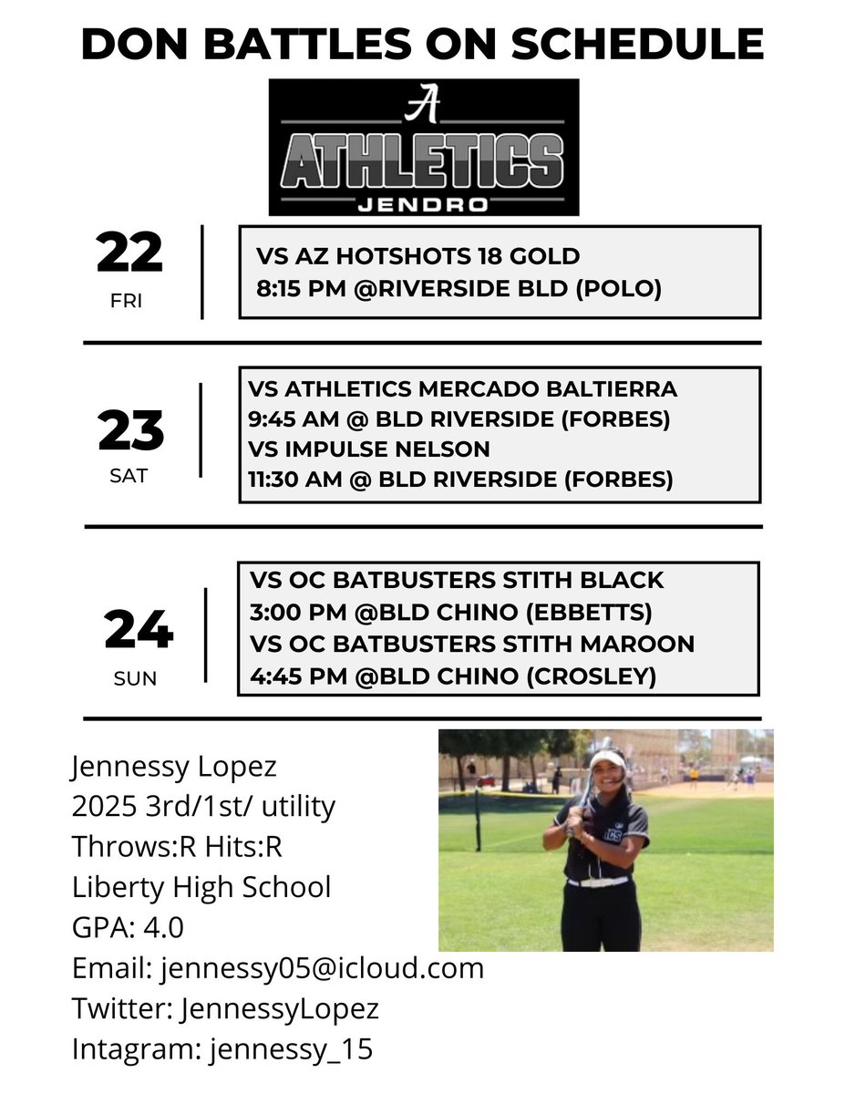 JennessyLopez's tweet photo. Can’t wait to complete against some good teams at Don Battles on showcase!! Coaches please come watch my team and I preform!!!! @BrianJendro @VU_Soft @APUSoftball @carriewebber14 @cuisoftball @roseimbriano @CrystalRosenth1 @CoachLettyO @sammduran28 @montanez_22 https://t.co/kOC0UywB7p