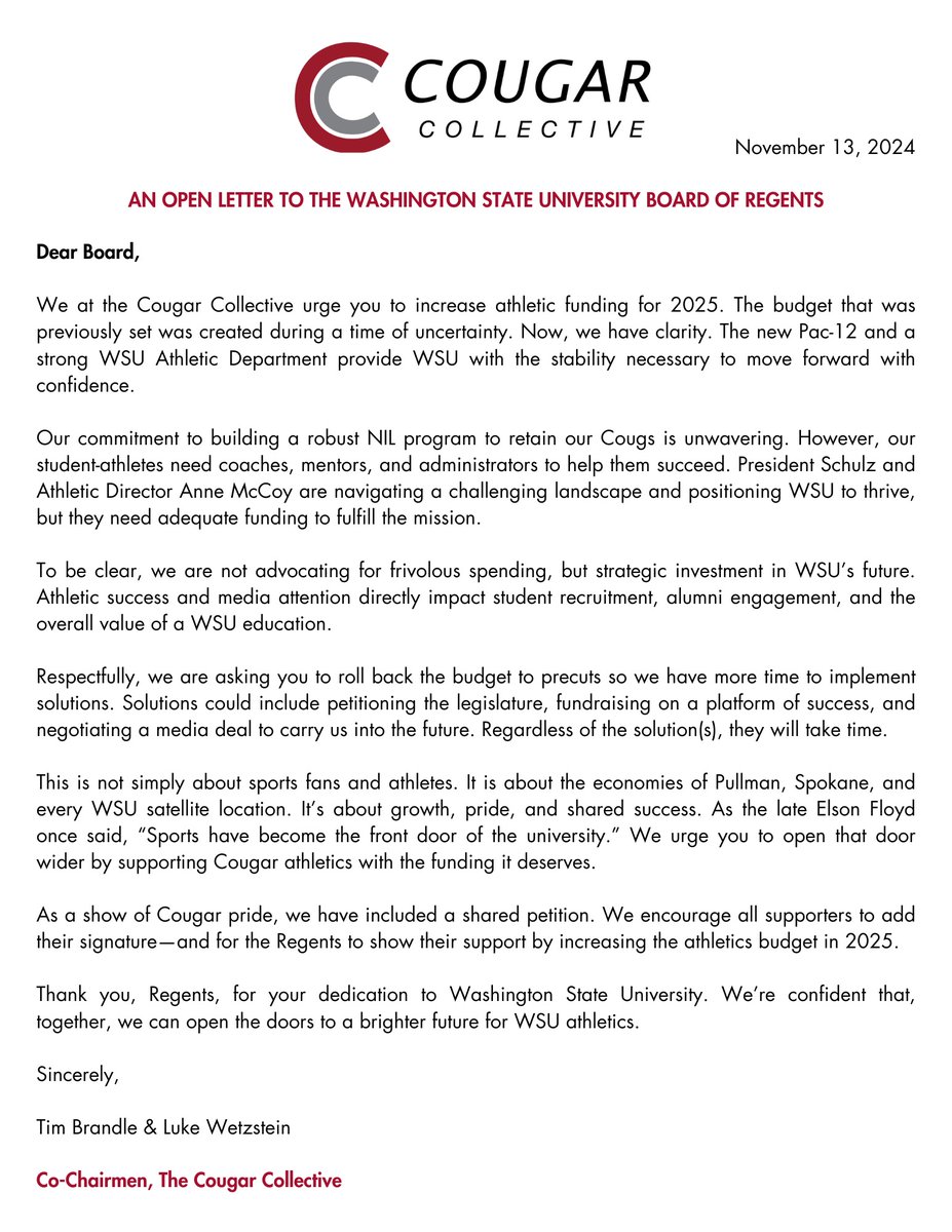 COUGS: We need your help! 

The Cougar Collective is calling on the WSU Board of Regents to boost athletic funding in 2025. It's time to invest in a future where WSU thrives, on and off the field. Sports are more than just games - they're the heartbeat of our community and key to