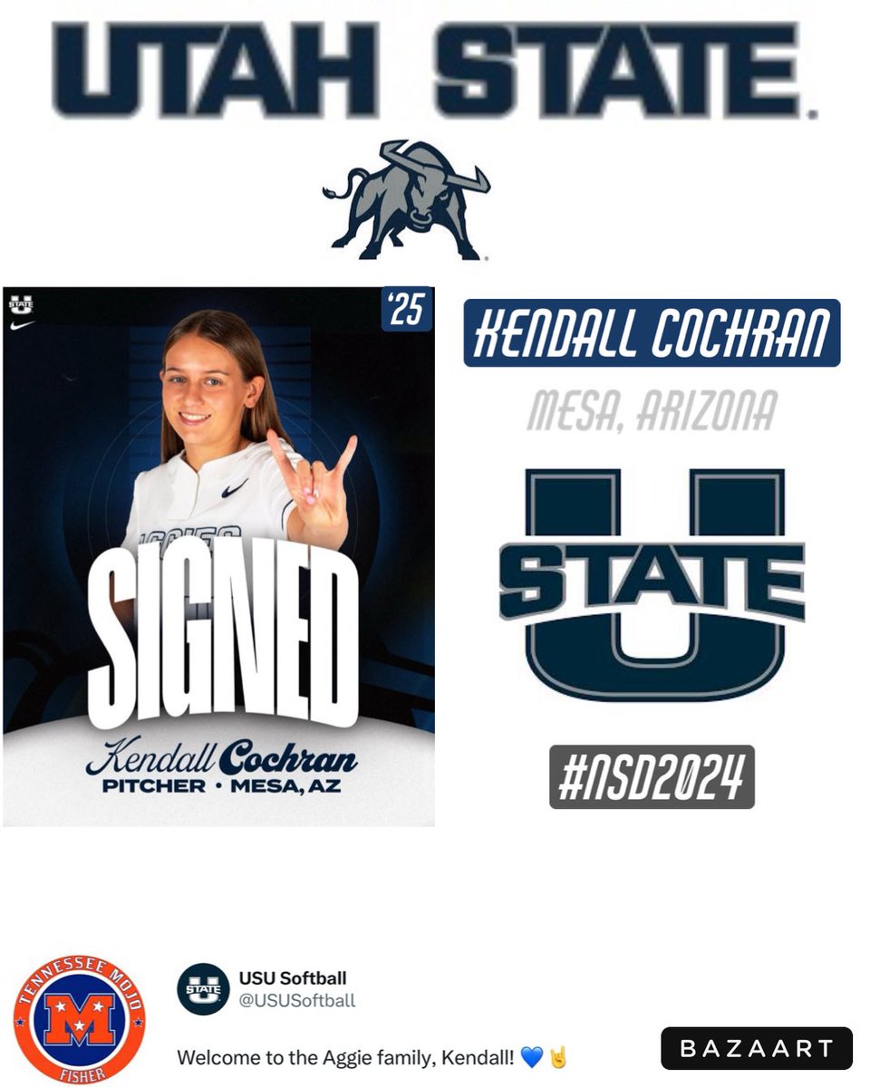 Tennessee Mojo - Ramsey / Fisher (@mojofisher18u) on Twitter photo Huge congrats to โ25 <a href="/Cochran2Kendall/">Kendall Cochran</a> (Mesa, Arizona), as she has signed with <a href="/USUSoftball/">USU Softball</a>! The Aggies are getting a GameChanger! We are super-proud of this talented Student Athlete! Sheโs been a big time addition & has been terrific for us!
#AggiesAllTheWay M๐ J๐ต Huge congrats to โ25 <a href="/Cochran2Kendall/">Kendall Cochran</a> (Mesa, Arizona), as she has signed with <a href="/USUSoftball/">USU Softball</a>! The Aggies are getting a GameChanger! We are super-proud of this talented Student Athlete! Sheโs been a big time addition & has been terrific for us!
#AggiesAllTheWay M๐ J๐ต