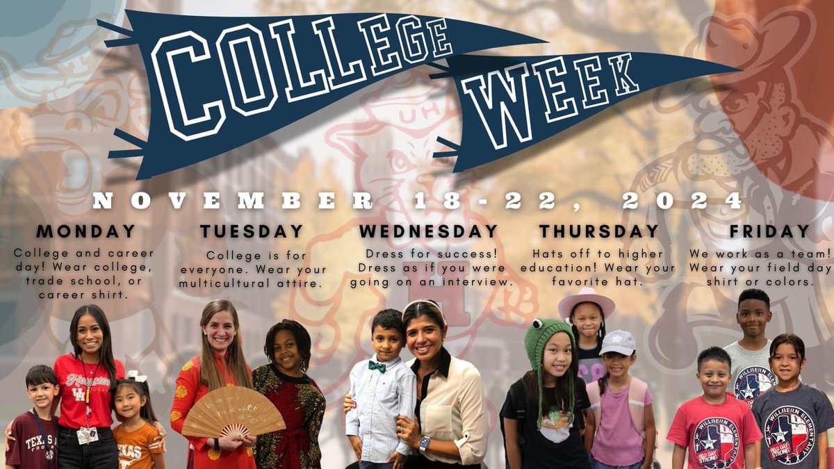 Starting Mon., Nov. 18th - Nov. 22nd we’ll have different dress-up days to celebrate #CollegeWeek!

Take part in the college awareness week by following the dress/attire for each day next week. 

#beWillbern <a href="/CFISDCounseling/">CFISD Counseling</a> <a href="/CyFairISD/">Cypress-Fairbanks ISD</a> <a href="/DougKillian/">DougKillianPhD</a>