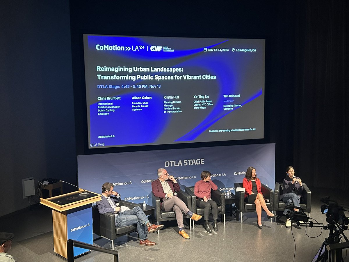 TimDefuria's tweet image. Great to be @CoMotionNEWS in LA to hear from @NYCMayorsOffice @yating_liu talking about the work in the public realm in NYC. Highlighting the @NYC_DOT open streets program in all Burroughs that allows the community to see what public spaces can look like without cars. #CoMotion