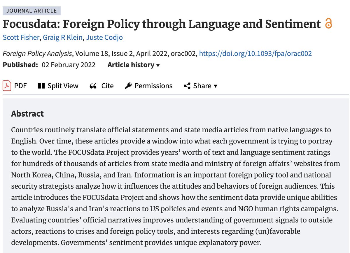 FPA_Jrnl's tweet photo. In their 2022 article, @GraigKlein ,Fisher, &amp; Codjo use  FOCUSdata to analyze state media from North Korea, China, Russia, &amp; Iran, revealing how governments use sentiment to shape foreign perceptions &amp; respond to crises, US policies, &amp; human rights issues https://t.co/sjDo49CH41 https://t.co/NTDwuKS52m