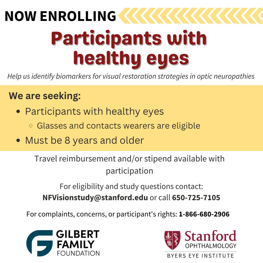 Gilbert Family Foundation (@gilbertfamilyfd) on Twitter photo We're looking for healthy participants for a non-invasive research study with <a href="/Stanford/">Stanford University</a> Byers Eye Institute. This initiative will help develop viable treatment options for vision loss from NF1. Interested? contact nfvisionstudy@stanford.edu or call 650-725-7105 We're looking for healthy participants for a non-invasive research study with <a href="/Stanford/">Stanford University</a> Byers Eye Institute. This initiative will help develop viable treatment options for vision loss from NF1. Interested? contact nfvisionstudy@stanford.edu or call 650-725-7105