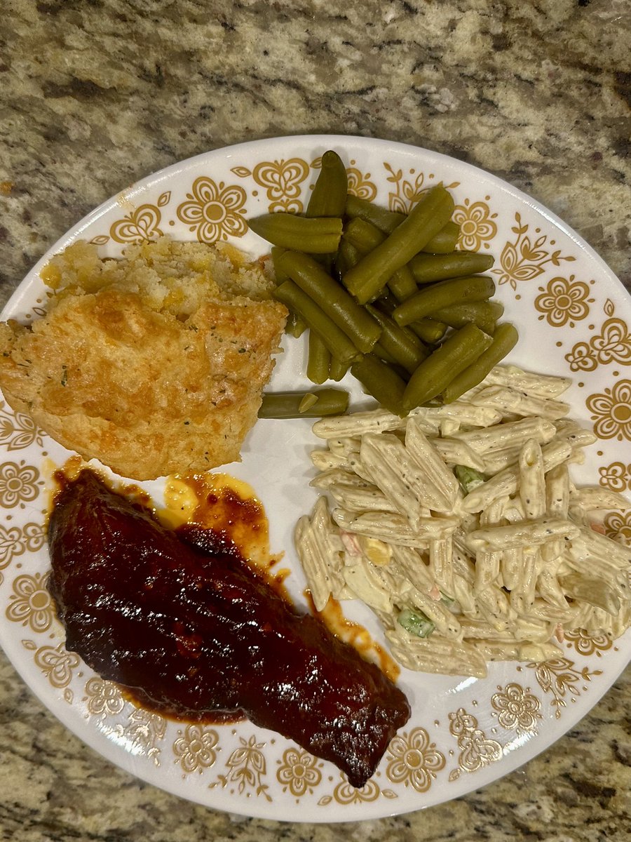 BBQ Ribs. Green Beans, Pasta Salad, and Cheddar Bay Biscuits