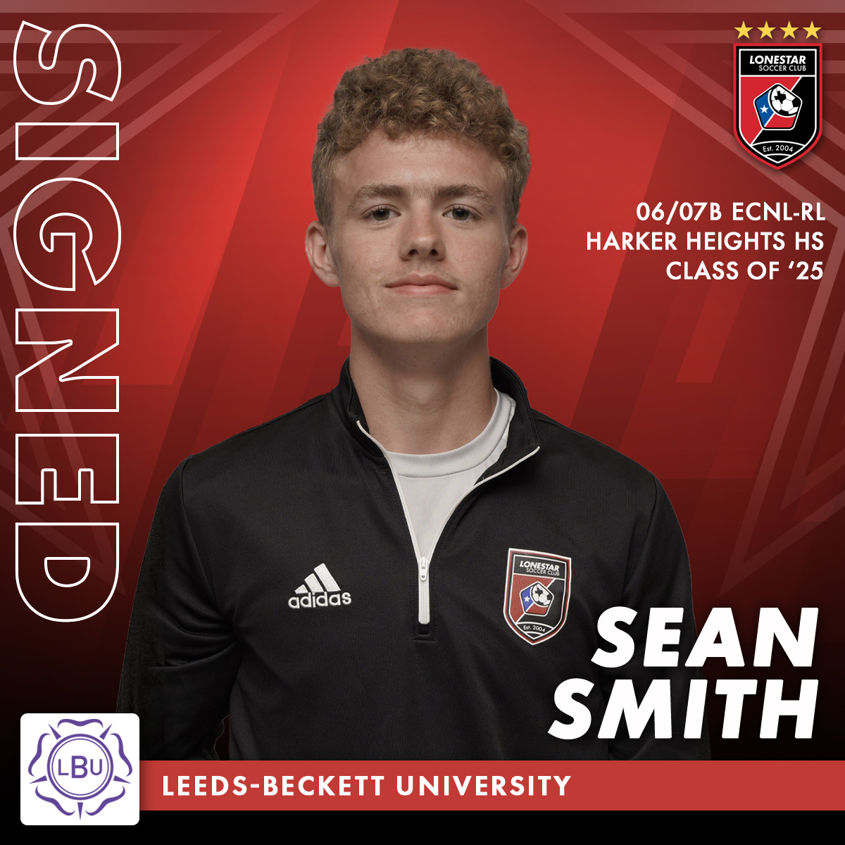 LonestarSC's tweet image. 🎉⚽️ Huge congrats to Sean Smith! 🇬🇧 He’s officially signed with Leeds Beckett University in the UK! Sean’s hard work and dedication have earned him this incredible opportunity. 🌟We can’t wait to see him shine across the pond! 🙌🎊 #WeAreLonestar #NationalSigningDay #SRCommit