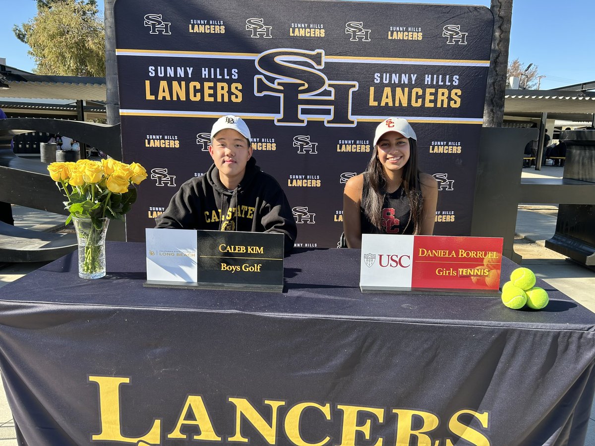 #SigningDay for Sunny Hills Lancers! A great day for our signees!

USC Tennis - Daniela Borruel ✌️

CSULB Golf - Caleb Kim ⛳️ 

<a href="/sunnyhillshs/">Sunny Hills HS</a> <a href="/fjuhsd/">Fullerton Joint Union High School District</a> <a href="/OCSportsZone/">OC Sports Zone</a> <a href="/ocvarsity/">ocvarsity</a> <a href="/AccoladeSports/">Sunny Hills Athletics | News, Scores, and More</a> <a href="/ocvarsityguy/">Dan Albano</a> <a href="/SHBoysGolf/">Sunny Hills Boy’s Golf</a> <a href="/USCWomensTennis/">USC Women's Tennis</a> <a href="/LBSUMGolf/">LONG BEACH STATE MEN’S GOLF</a> <a href="/latsondheimer/">eric sondheimer</a> <a href="/SteveFryer/">Steve Fryer</a>