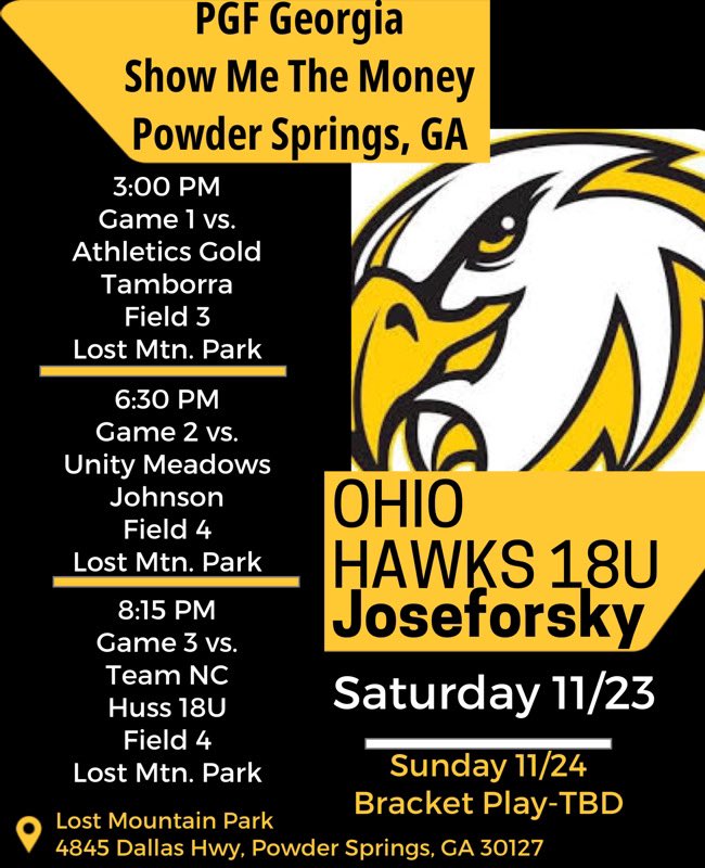 Last tournament of the fall!  <a href="/HawksJoseforsky/">Ohio Hawks National Joseforsky 18U</a> <a href="/bhsdogs/">Brownsburg Athletics</a> <a href="/RamblersSB/">Loyola Softball</a> <a href="/LUCCoachAbbott/">Alicia Abbott</a> <a href="/CoachWoo24/">Alaynie Woollard</a> <a href="/kileyjones00/">Kiley Jones</a> <a href="/MaristSoftball/">Marist Softball</a> <a href="/kristinerb4/">Kristin Erb</a> <a href="/ExYank54/">Joe Ausanio</a> <a href="/Lehighsoftball/">Lehigh Softball</a> <a href="/frantro1942/">Fran Troyan</a> <a href="/BrownU_Softball/">Brown Softball</a> <a href="/CoachMary_Brown/">Mary Holt-Kelsch</a> <a href="/HarvardSB/">Harvard Softball</a> <a href="/coachjennyrohn/">Jenny Rohn</a> <a href="/MykaSutherlin/">Myka Sutherlin</a> <a href="/MaddyCarpe/">Maddy Carpe</a>