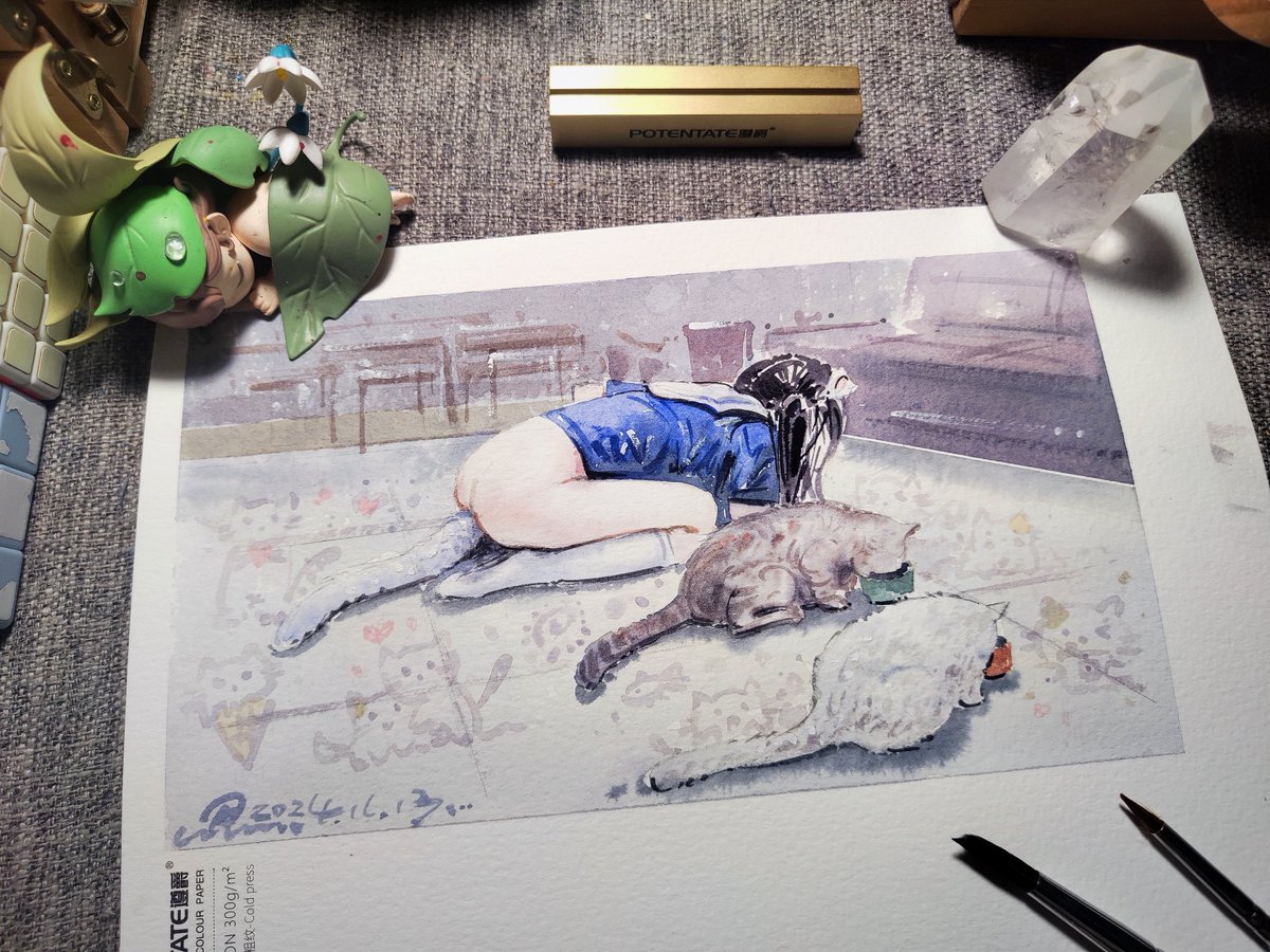 猫猫，全都是猫猫，可爱捏～
模特：@luoluo909090 
抄送：@Fengsiyuan 
#水彩 #水彩人体 #人体 #水彩画 #露出 #主人任务 #bdsm #猫奴 https://t.co/LYbo0lkJky